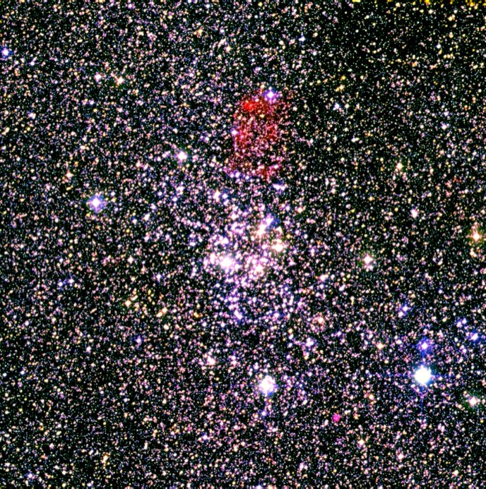 30 x 30 arcminute image of NGC6067 & BMP1613-5406. North-East is top left. The image is a B,R,H-alpha tri-colour RGB image (extracted from the online UK Schmidt Telescope SuperCOSMOS H-alpha Survey H-alpha, short-Red (SR) and broad-band ‘B’ images.