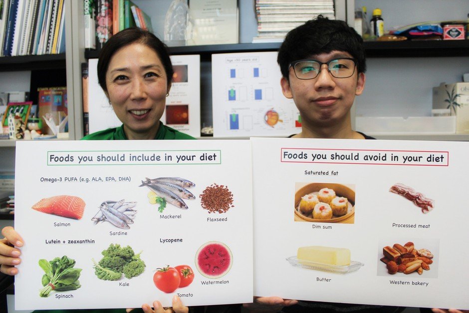 Dr Jetty C Y Lee (left) and her student displaying the foods to be included or avoided in the diet for AMD protection