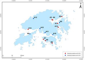 Map of Hong Kong indicating the locations (A1 – A15) of collecting seawater samples in this study 