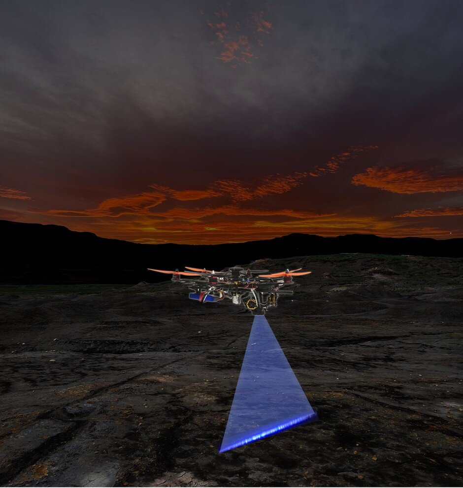 Figure 1. New HKU-codeveloped automated laser-scanning ‘hunter drone’ seeks out fossils, minerals and biological targets at night (artist visualised image). Image credit: Thomas G Kaye & Michael Pittman.