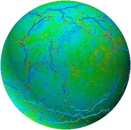 Figure 1. A snapshot of a model from the new work, showing the late stages of growth and coalescence of a new global fracture network. Fractures are in black / shadow, and colors show stresses (pink color denotes tensile stress, blue color denotes compres