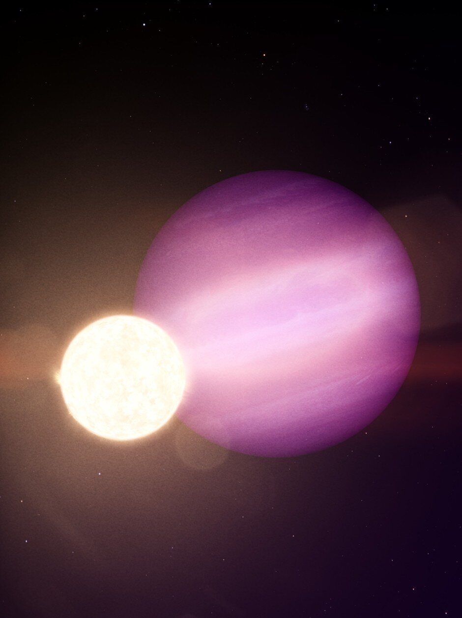 Artists recreation of the larger planet WD1856 b in close orbit around the smaller white dwarf WD 1856. Image Credit: Vanderburg et al. 2020.