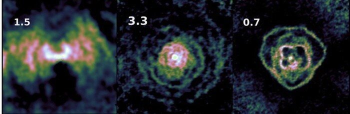 Figure 1. From left to right: images of the stars  p1 Gru, W Aql and R Aql. The observations were taken with the ALMA telescope in the Atacama desert, Chile. The images were made at the ALMA Regional Centre of the Jodrell Bank Centre for Astrophysics, The University of Manchester. 