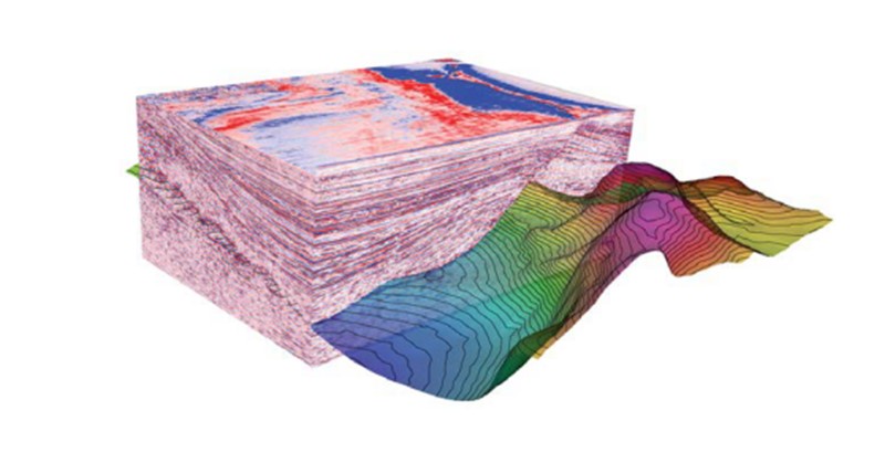 An illustration of 3D seismic data analyzed via MOVE, permitting 3D modeling of the fault surface and deformed layers in an extensional basin.