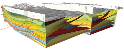 Image 2: Detailed 3D model-building of a complex contractional tectonic system.