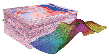 Image 1: An illustration of 3D seismic data analyzed via MOVE, permitting 3D modeling of the fault surface and deformed layers in an extensional basin