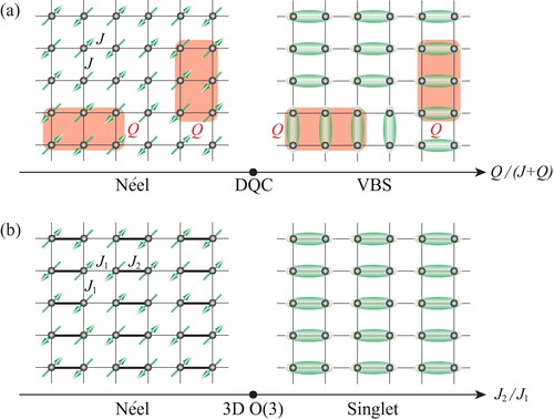 The two lattice models: (a) For J-Q3 model, the Q term characterises the strength of the six-site plaquette correlation (pink-shaded area), and the J term characterises the strength of nearest neighbour correlation. (b) For J1-J2 model, J1 and J2 separately identify the correlation strength between two kinds of nearest neighbours. , The J-Q3 model hosts a DQCP when adjusting the ratio of Q term and J term, and the J1-J2 model hosts a O (3) QCP as the ratio of J1 and J2 is appropriately tuned.