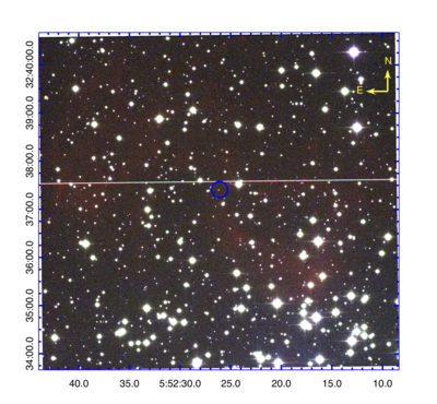 Figure 2. Fig. 2a left panel: An enhanced 6.5 x.5 arcminute colour-composite RGB image of PN IPHASX J055226.2+323724 from the IPHAS survey (Drew et al. 2005) that we confirm as a physical member of the Galactic open cluster M37. Red = Hα, Green = broad band red and Blue = broad band ‘i’. 