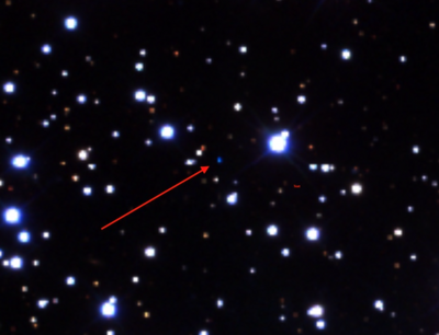 Fig. 2b right panel: 190 x145 arcsecond RGB image created from SDSS with red = i, green = r and blue = g-band. These data clearly shows the faint CSPN (arrowed) at the centre. North is top and East is to the left in both images.
