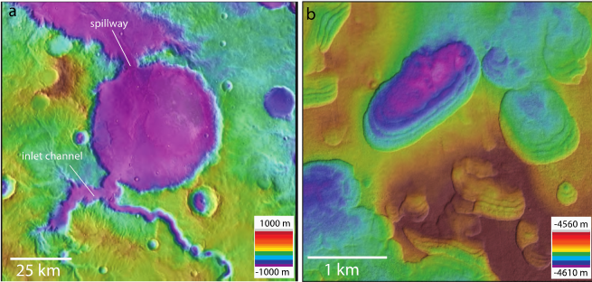An example of a large, impact crater-hosted lake on Mars (a) and a small, permafrost-hosted lake on Mars. Credit: ESA/JPL/NASA/ASU/MSSS