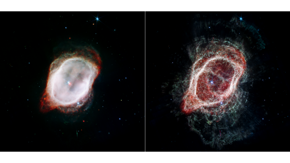 Two Views of the Gas in the Southern Ring Nebula (NIRCam and MIRI Composite Images)