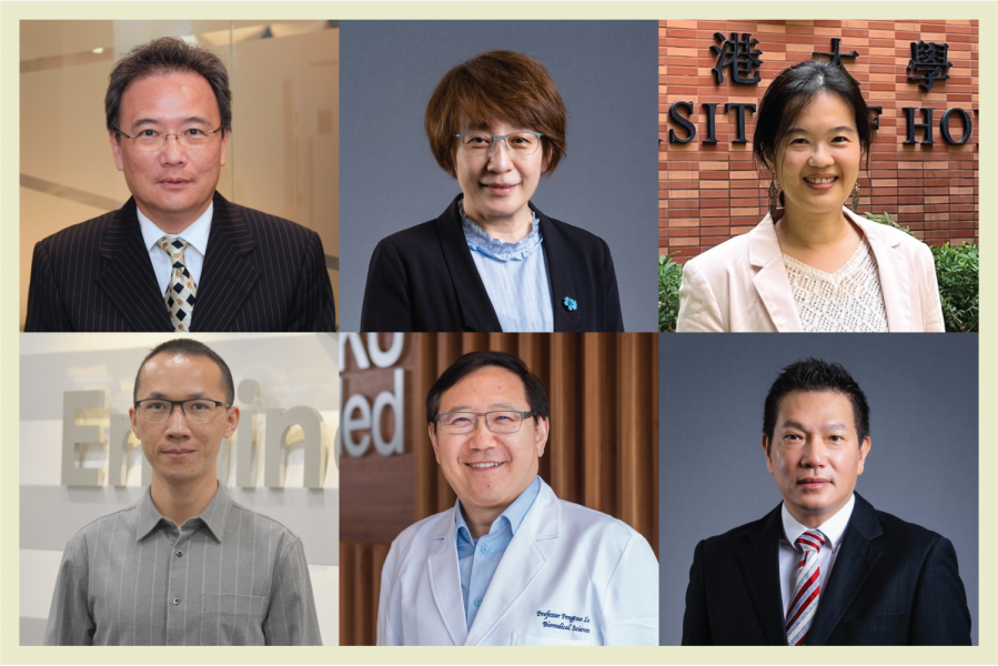 Leaders of six HKU research projects: (upper row from left) Professor Victor O.K. Li, Professor Barbara Chan, Dr Wei-Ning Lee; (second row from left) Dr Chenshu Wu, Professor Billy Chow, Professor Liu Pengtao. 