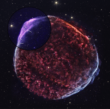The figure shows a composite image of supernova remnant SN 1006. Image Credits: X-ray: Chandra: NASA/CXC/SAO, IXPE: NASA/MSFC/P. Zhou et al.; Infrared: Spitzer.