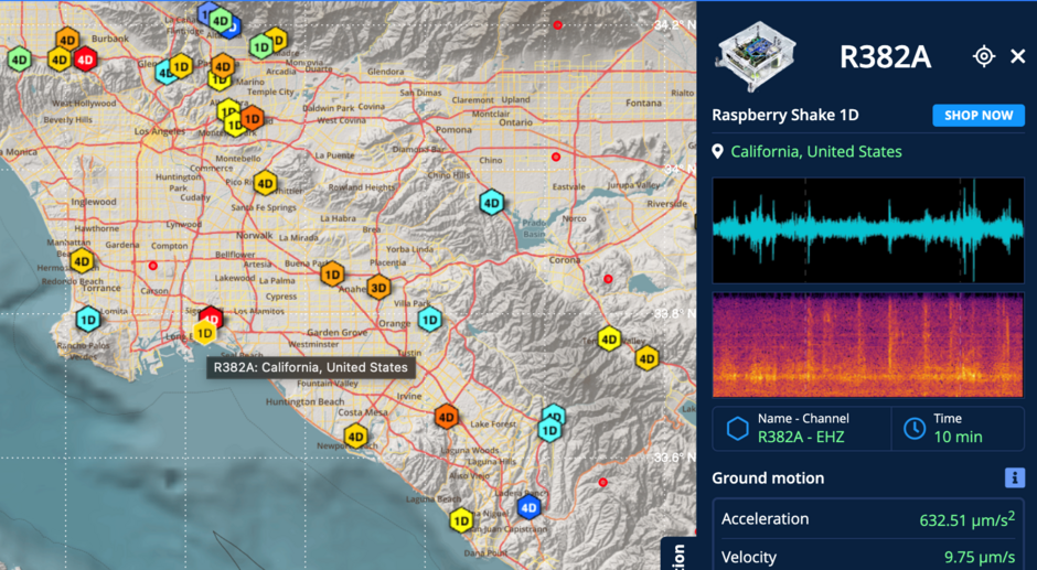 The map of Los Angeles Basin, where a live seismometer R382A in Long Beach is recording earth’s background vibrations. The right panel shows 10-minute noise. Image credit: Raspberry Shake.