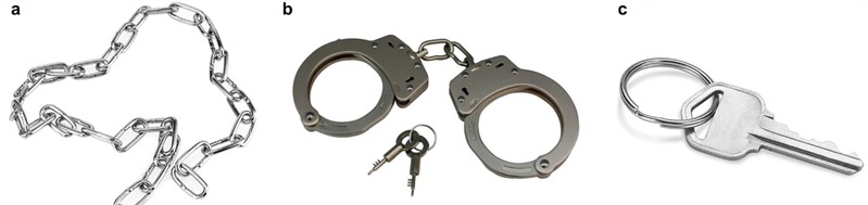 Figure 1. (a) A flexible metal chain composed of rigid iron rings; (b) a pair of handcuffs and (c) a key ring.