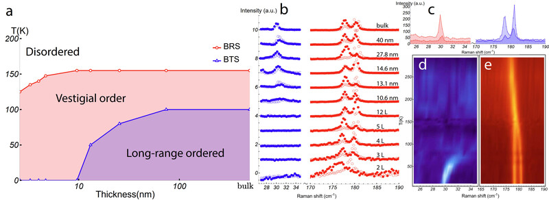Thickness dependence of signatures in optical Raman quasi-elastic scattering. a, thickness v.s. temperature phase diagram of NiPS3. b, Layer-dependent Raman spectra at T=10 K. c, linearly lairized Raman spectra measured with λ=633 nm at 10 K on bulk NiPS3. The blue (d) and red (e) areas denote the P_BTS mode and P_BRS mode, respectively. (Image adapted from respective paper)