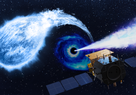Artist's impression of the Einstein Probe satellite catching an intermediate black hole, tearing apart a white dwarf, and producing a relativistic jet. Image credit: Einstein Probe Science Center, National Astronomical Observatories, CAS / Sci Visual. 