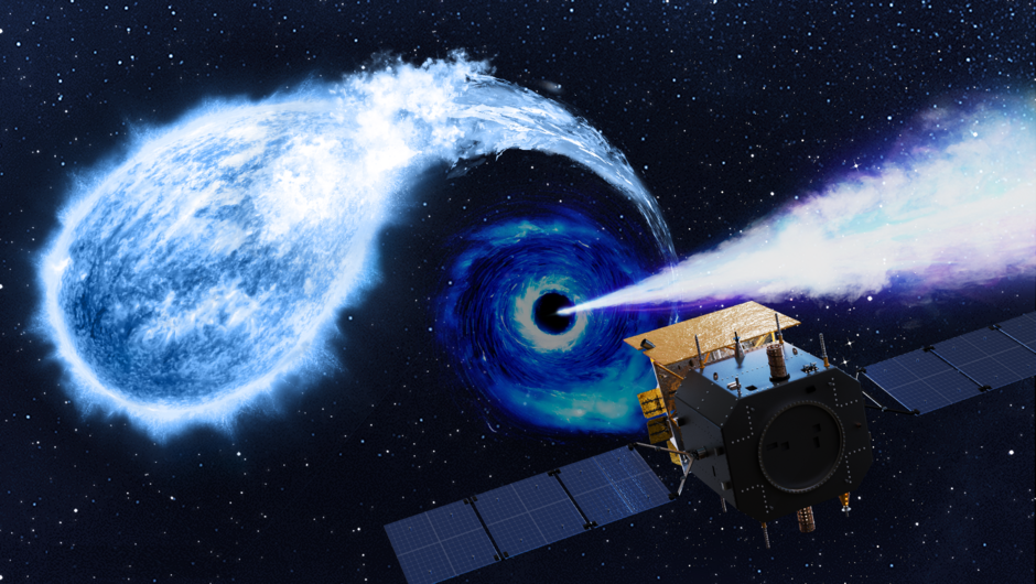 Artist's impression of the Einstein Probe satellite catching an intermediate black hole, tearing apart a white dwarf, and producing a relativistic jet. Image credit: Einstein Probe Science Center, National Astronomical Observatories, CAS / Sci Visual. 