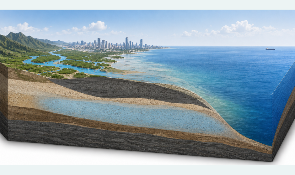 Conceptual illustration showing ancient freshwater preserved beneath the Pearl River Estuary seabed after being recharged by rainfall during past low sea-level periods.