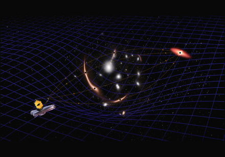 Artist’s illustration showing JWST, aided by gravitational-lensing, enabled the team to measure the mass of an inactive black hole in the early Universe. Image credit: Navid Marvi/Carnegie Science.