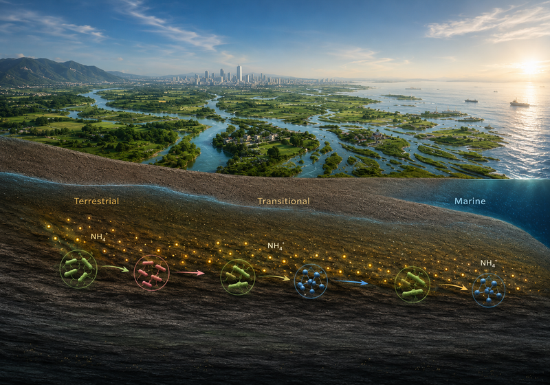 Figure 1: Artist’s impression of ammonium accumulation beneath the Pearl River Delta. The illustration shows terrestrial, transitional and marine depositional zones, where microbial fermentation is the likely dominant ammonium-producing pathway. The illustration was created based on the study’s findings and is not drawn to scale.