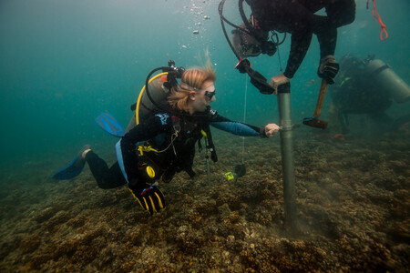 Dr. Erin Dillon and team collecting a coral reef matrix core in the Gulf of Panama, Tropical Eastern Pacific.