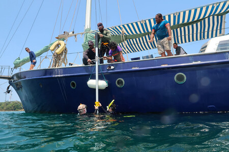 Dr. Cybulski and team hammering in a coral reef matrix core in the Gulf of Panama, Tropical Eastern Pacific.