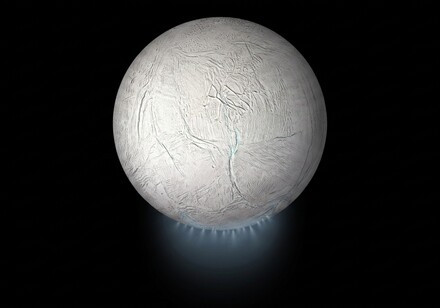 An illustration of Enceladus with its water plume emanating from the south pole (Credit: NASA/JPL-Caltech)