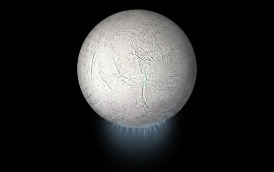 An illustration of Enceladus with its water plume emanating from the south pole (Credit: NASA/JPL-Caltech)