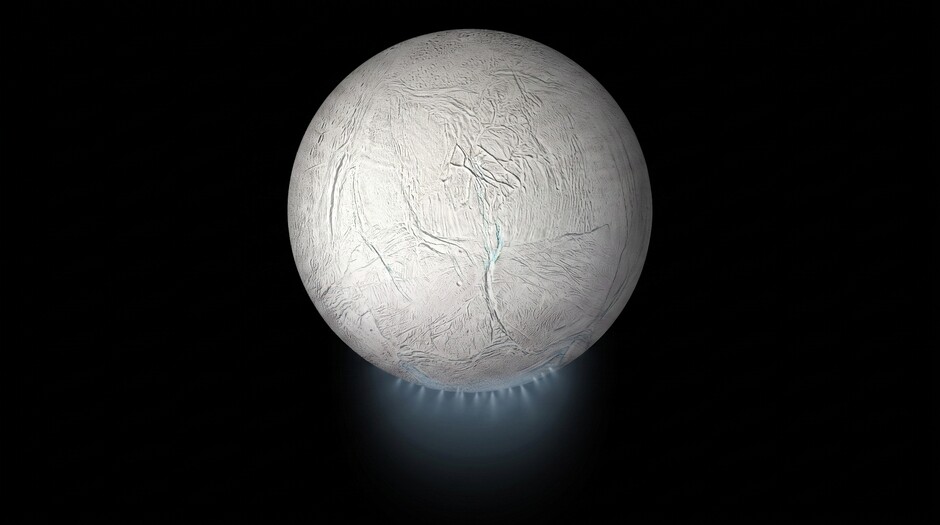 An illustration of Enceladus with its water plume emanating from the south pole (Credit: NASA/JPL-Caltech)