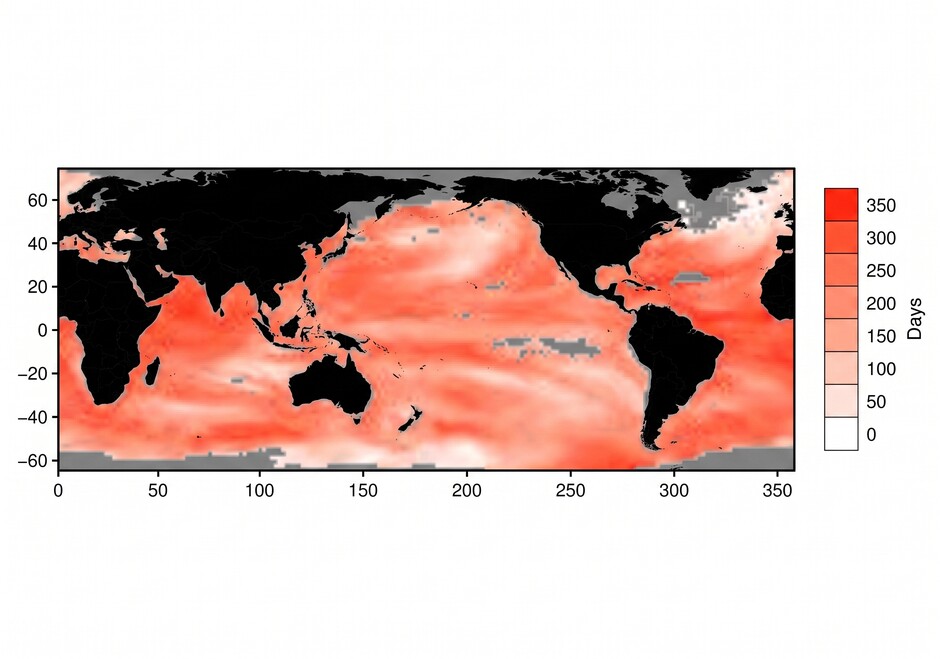 The average number of days of marine heatwaves annually projected for mid-century. Image courtesy Prof. Ben Harvey.
