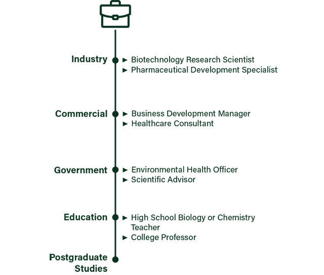 Career prospects - Industry: Biotechnology Research Scientist, Pharmaceutical Development Specialist; Commercial: Business Development Manager, Healthcare Consultant; Government: Environmental Health Officer, Scientific Advisor; Education: High School Biology or Chemistry Teacher, College Professor; and Postgraduate Studies