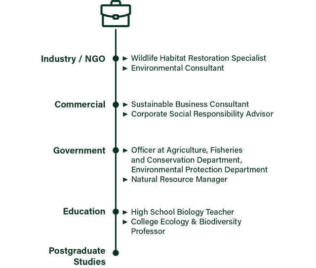 Ecology & Biodiversity - Industry / NGO: Wildlife Habitat Restoration Specialist, Environmental Consultant; Commercial: Sustainable Business Consultant, Corporate Social Responsibility Advisor; Government: Officer at Agriculture, Fisheries and Conservation Department, Environmental Protection Department, Natural Resource Manager; Education: High School Biology Teacher, College Ecology & Biodiversity Professor; and Postgraduate Studies
