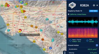 Figure 1(on the left): The map of Los Angeles Basin, where a live seismometer R382A in Long Beach is recording earth’s background vibrations. The right panel shows 10-minute noise. Image credit: Raspberry Shake.