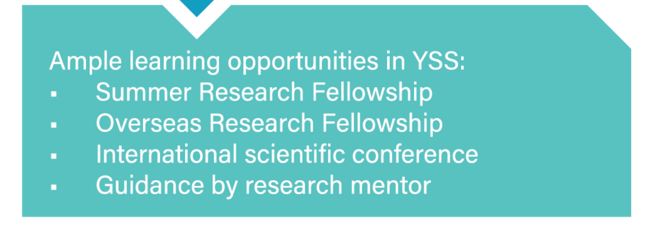 Ample learning opportunities in YSS:  • Summer Research Fellowship • Overseas Research Fellowship • International scientific conference • Guidance by research mentor