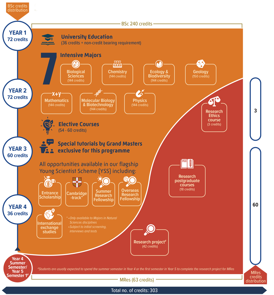 Here is an example of study path for the Science Master Class programme.   There are 7 Intensive Majors available for students to choose from for their undergraduate studies, namely Biological Sciences (Intensive), Chemistry (Intensive), Ecology & Biodiversity (Intensive), Geology (Intensive), Mathematics (Intensive), Molecular Biology & Biotechnology (Intensive) and Physics (Intensive), together with the university education and elective courses.  In addition to study of disciplinary-based Intensive Majors and special tutorials by Grand Masters exclusive for this programme, an array of opportunities in our flagship Young Science Scheme (YSS) including entrance scholarship, Cambridge-track, Summer Research Fellowship, Overseas Research Fellowship and International exchange studies are also available to the students. Note that the Cambridge-track is only available to Majors in Natural Sciences disciplines.  Courses such as research ethics, research postgraduate course and research project, will be offered to students to enhance their frontier scientific knowledge and research skills.  The study comprises two degrees, with 240 credits for the BSc degree and 63 credits for the MRes one, making up 303 credits in total.