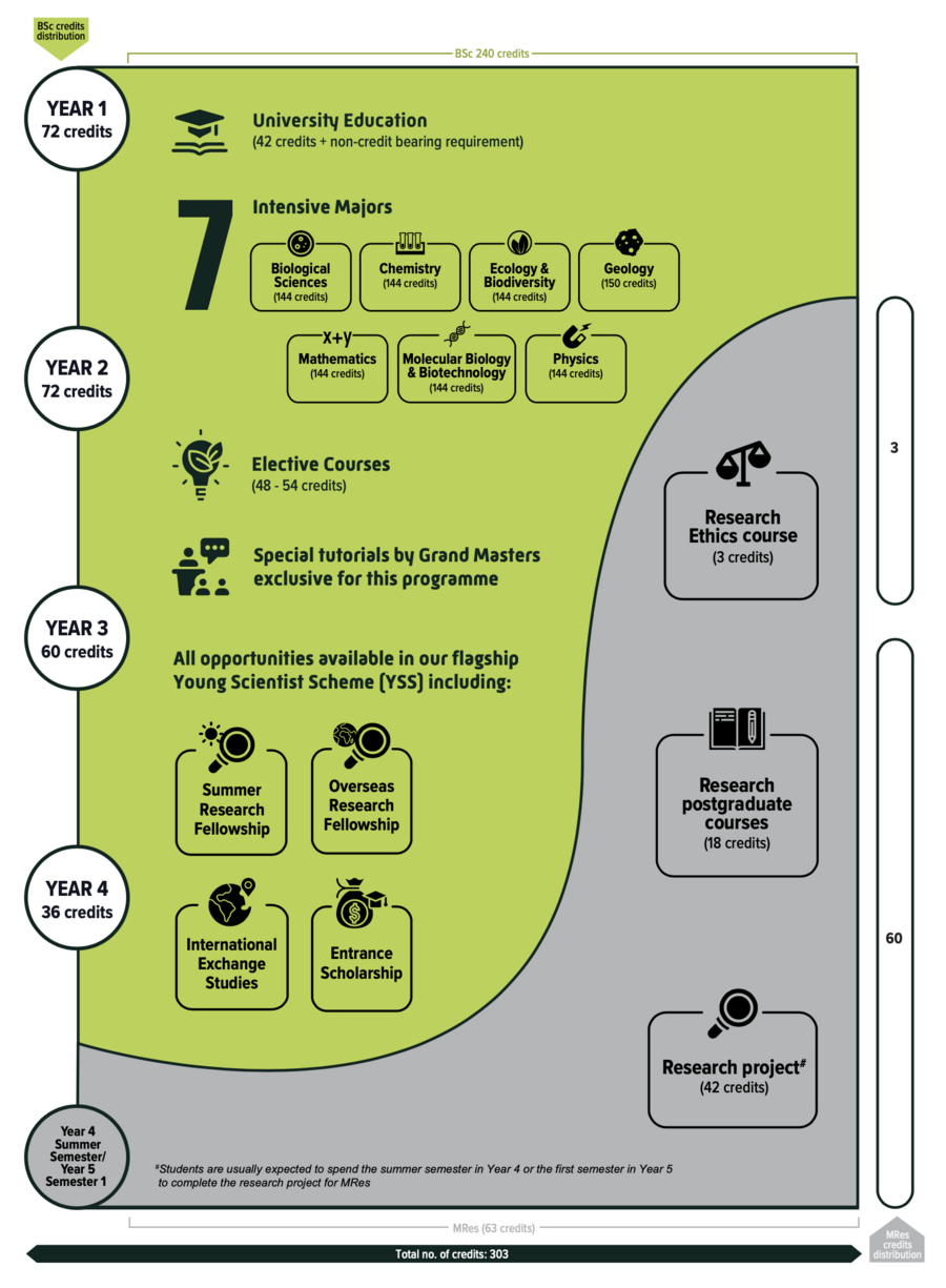 Here is an example of a study path for the Science Master Class programme.   There are 7 Intensive Majors available for students to choose from for their undergraduate studies, namely Biological Sciences (Intensive), Chemistry (Intensive), Ecology & Biodiversity (Intensive), Geology (Intensive), Mathematics (Intensive), Molecular Biology & Biotechnology (Intensive) and Physics (Intensive), together with the university education and elective courses.  In addition to the study of discipline-based Intensive Majors and special tutorials by Grand Masters exclusive to this programme, an array of opportunities in our flagship Young Science Scheme (YSS), including entrance scholarship, Summer Research Fellowship, Overseas Research Fellowship, and International exchange studies, are also available to the students. Courses such as research ethics, research postgraduate courses and research projects, will be offered to students to enhance their frontier scientific knowledge and research skills.  The study comprises two degrees, with 240 credits for the BSc degree and 63 credits for the MRes degree, totalling 303 credits. Students are usually expected to spend the summer semester in Year 4 or the first semester in Year 5 to complete the research project for MRes.