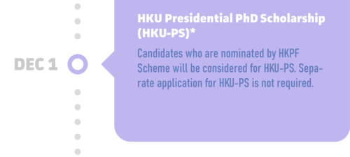 HKU Presidential PhD Scholarship (HKU-PS)*: Candidates who are nominated by HKPF Scheme will be considered for HKU-PS. Separate application for HKU-PS is not required.  Please see above for the application deadline for HKPF.