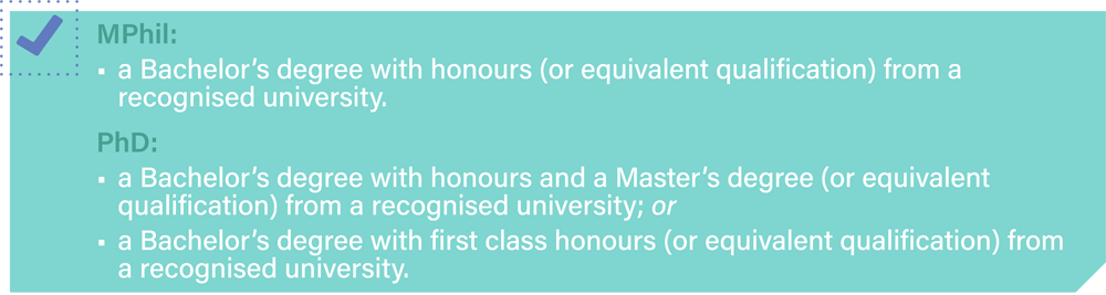 MPhil: a Bachelor's degree with honours (or equivalent qualification) from a recognised university.  PhD: a Bachelor's degree with honours and a Master's degree (or equivalent qualification) from a recognised university; or - a Bachelor's degree with first class honours (or equivalent qualification) from a recognised university.