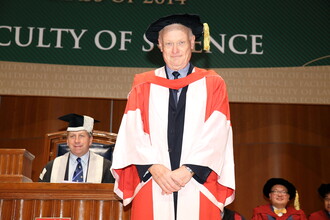 His research advancement: Professor Morton receiving his Doctor of Science from The University of Hong Kong, making him an alumnus of the Faculty.