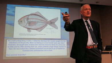 His charisma in lectures: Professor Morton giving a public lecture at The University of Hong Kong about his book on his scientific illustrations.