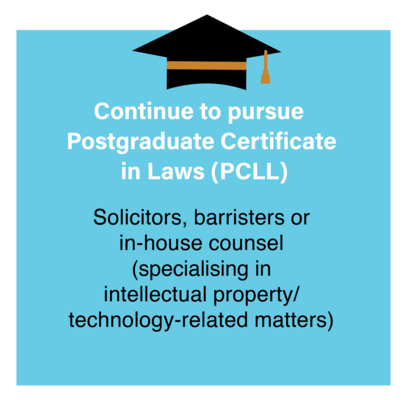 Continue to pursue Postgraduate Certificate in Laws (PCLL) Solicitors, barristers or in-house counsel (specialising in intellectual property/ technology-related matters)