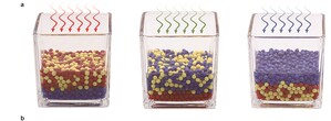 The illustration shows how different coloured lights can cause different layers to form in a mixture of tiny particles. Each colour of light creates a unique pattern of vertical separation in the mixture. Images adapted from the journal paper.