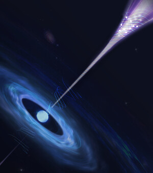An artistic illustration of the magnetar and the gamma-ray burst jet in this work. Image credit: Yuja Tian and Yuting Wu, Nanjing Zhijiao Cloud Intelligent Technology Co., Ltd.; Scientific concept guidance: Runchao Chen and Binbin Zhang, Nanjing University