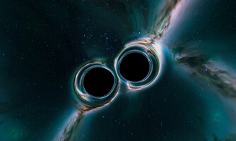 A dramatic black hole merger, illustrating gravitational waves and deep-space phenomena