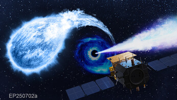 Artist's impression of the Einstein Probe satellite catching an intermediate black hole, tearing apart a white dwarf, and producing a relativistic jet. Image credit: Einstein Probe Science Center, National Astronomical Observatories, CAS / Sci Visual.