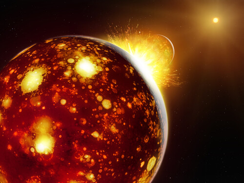 An artist’s impression of the Earth–Theia impact, with the Sun in the background, illustrating the idea that Theia originated close to the Sun. Image credit: MPS / Mark A Garlick.